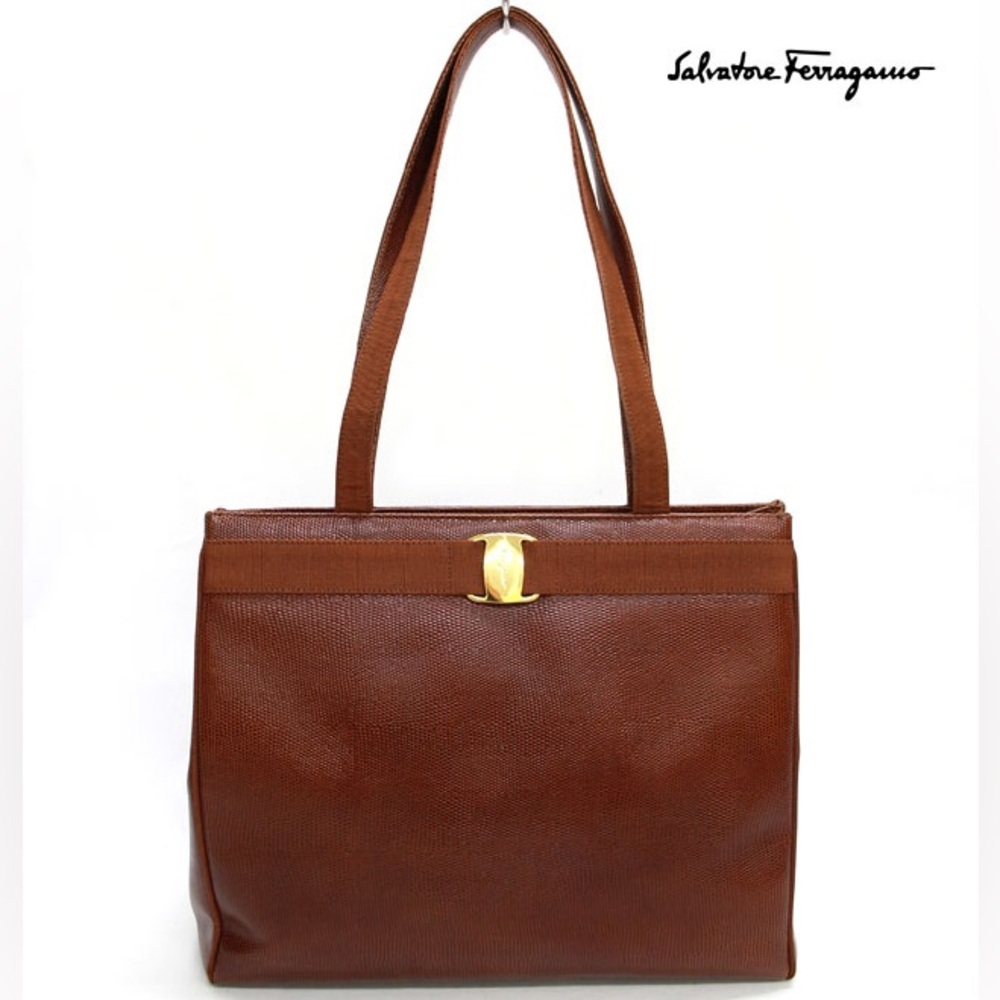 Salvatore Ferragamo Vara Embossed Lizard Vintage Tote